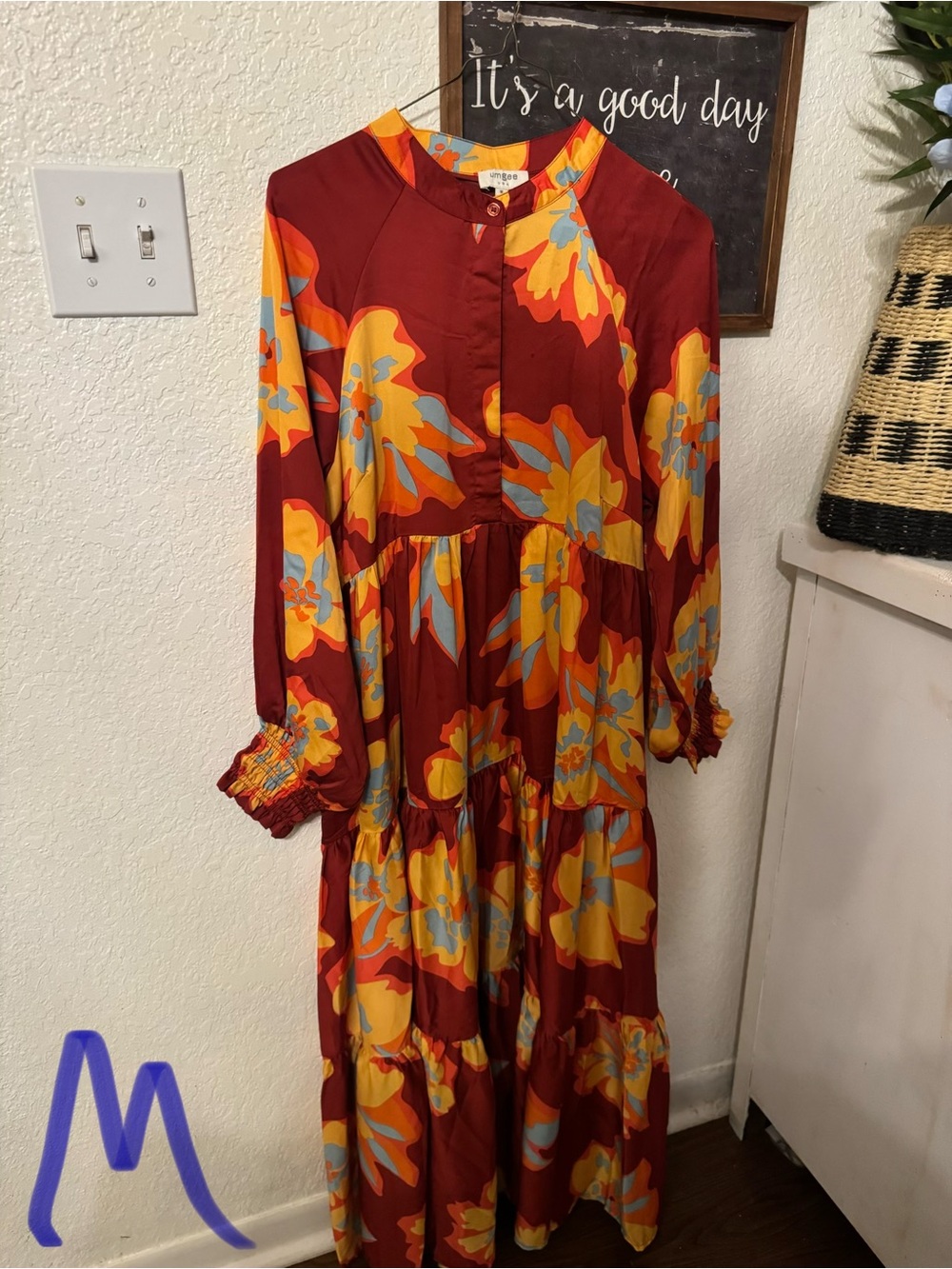 Umgee Floral Maxi Dress in Maroon with Yellow & Light Blue